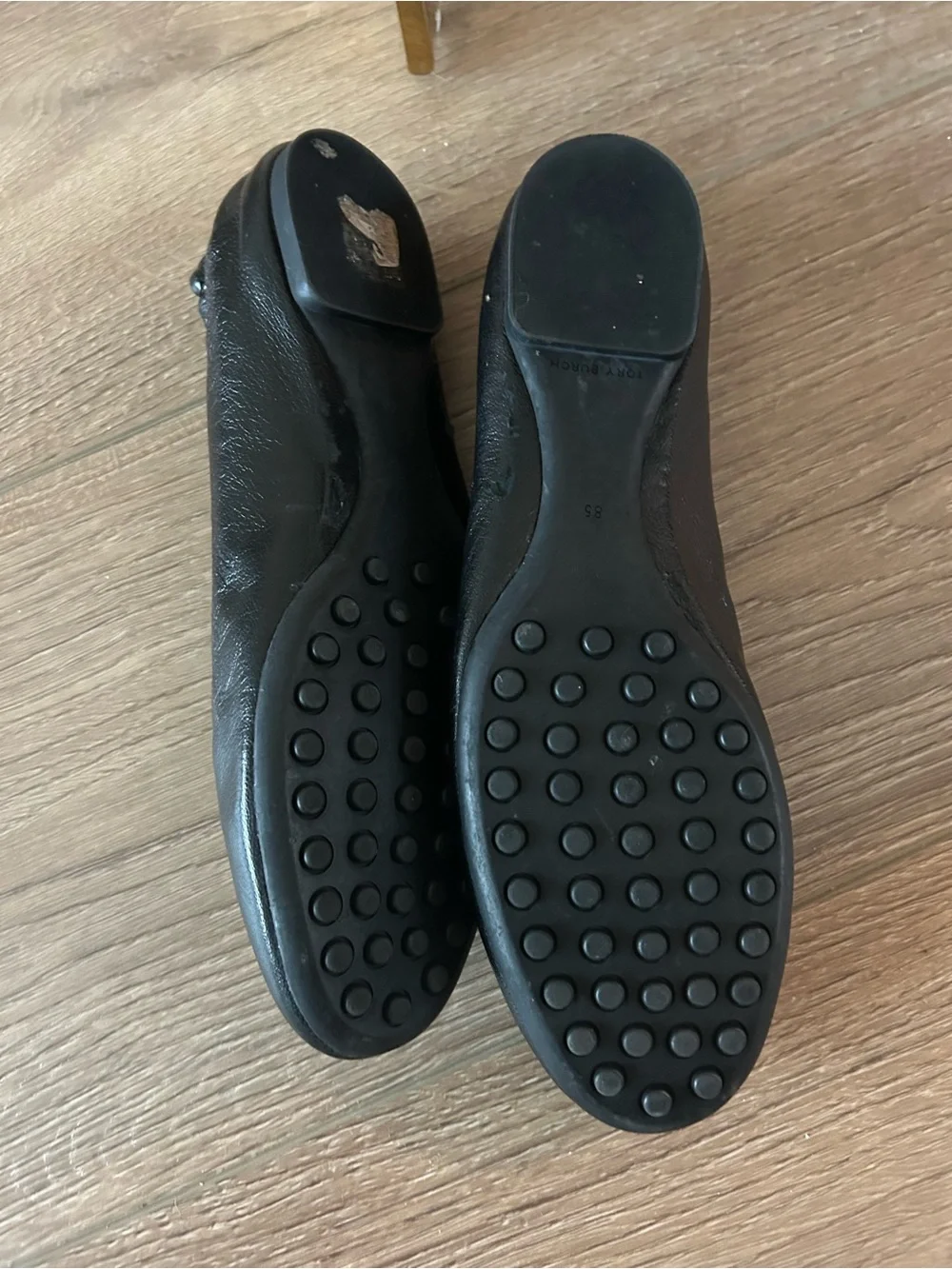 Tory Burch Black Leather Ballet Flats with Gold Logo Medallion